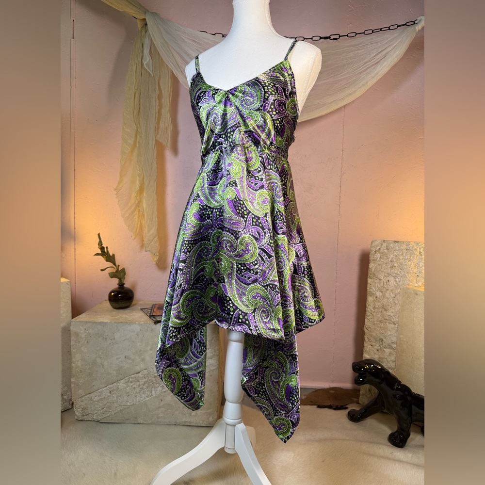 100% Silk Paisley Slip Dress Purple Green Asymmetrical Hem Vintage Style Medium